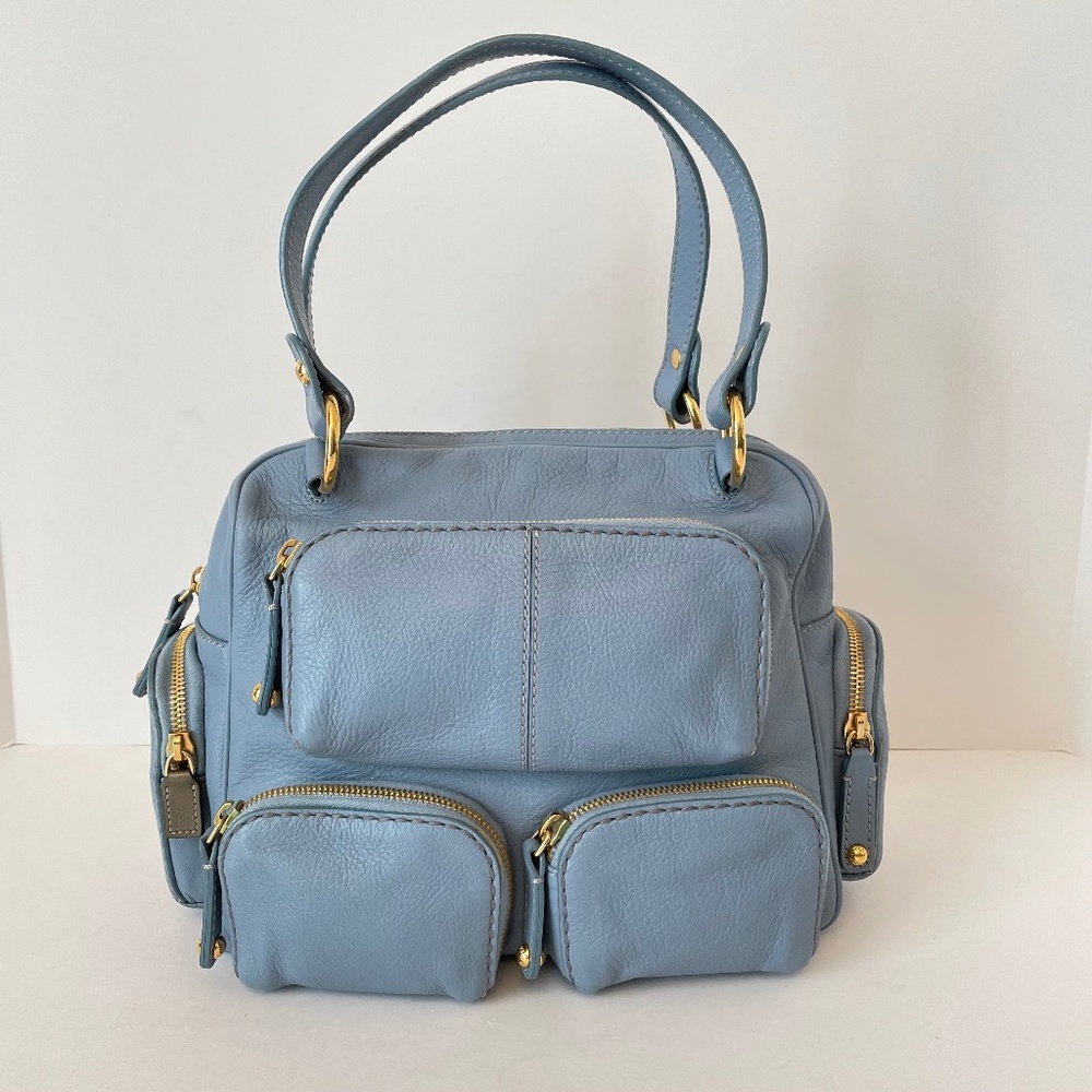 Tod's Zip Pocket Boston T Bag Satchel Blue Leather